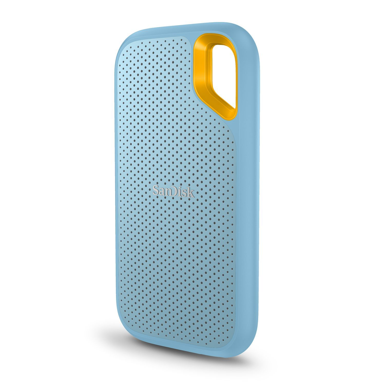 Blue and yellow portable speaker with many small holes and a yellow handle.