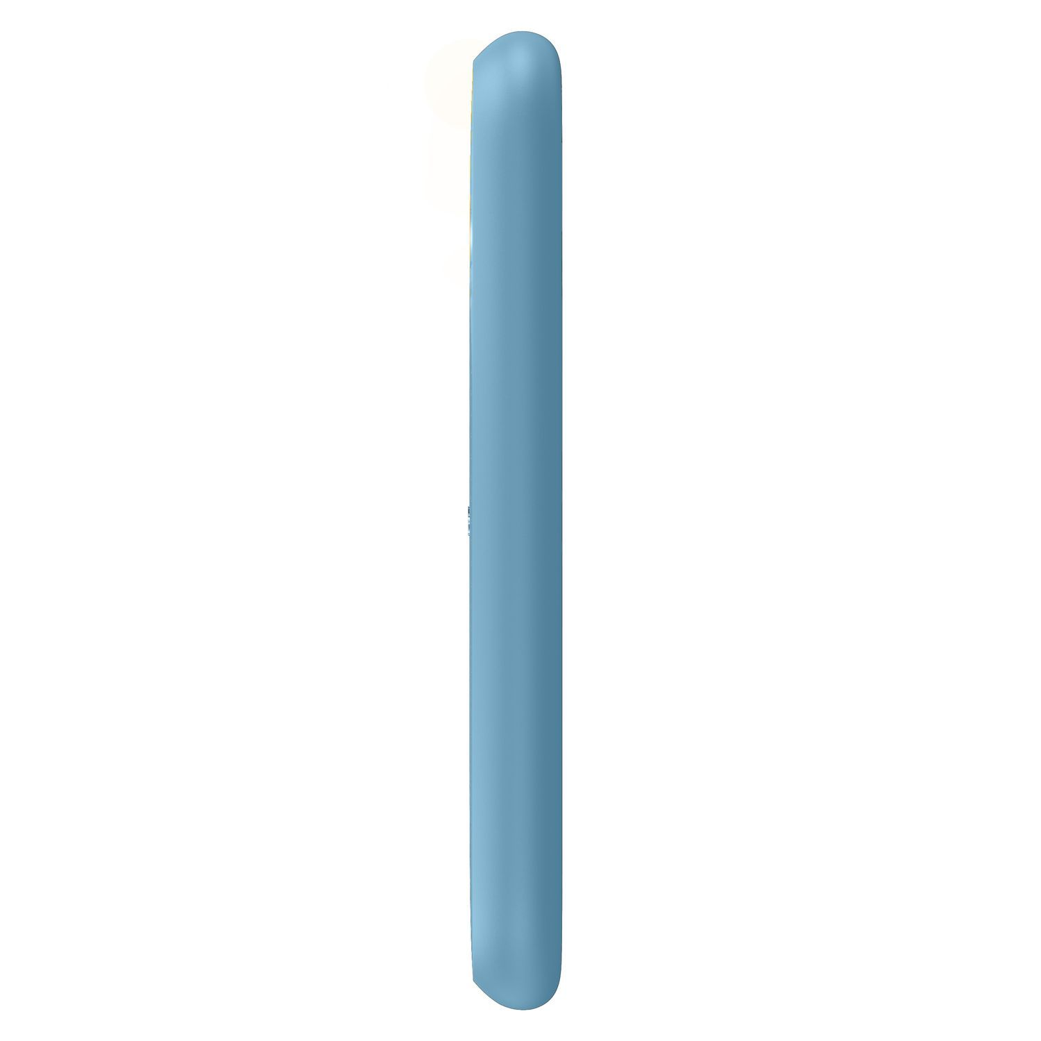Een blauwe telefoon, zijaanzicht, met een strak design, op een witte achtergrond.