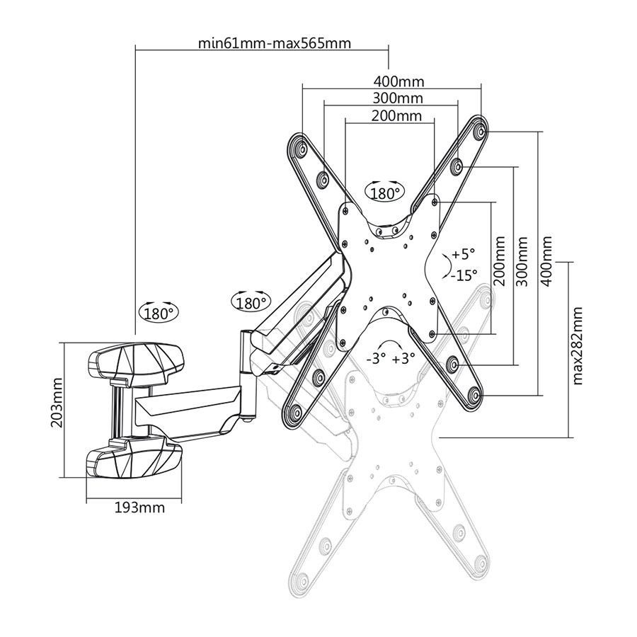 TV-tartó diagramja méretekkel. Fekete vonalak és szöveg fehér háttéren.