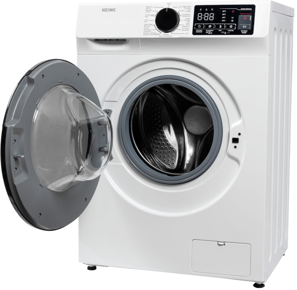 A white washing machine with the door open. The control panel is at the top.