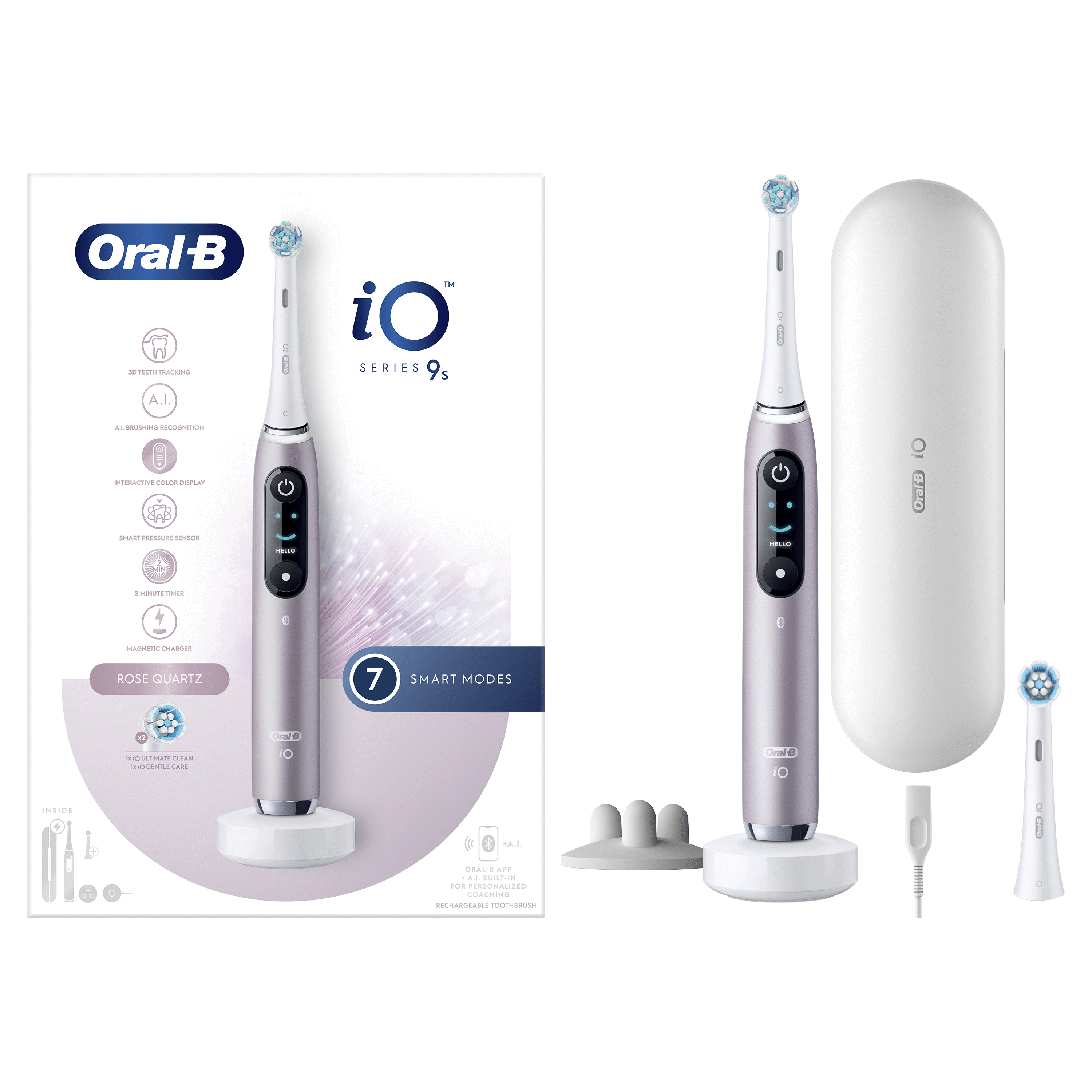 Brosse à dents électrique Oral-B iO Series 9s, boîte et accessoires sur surface blanche.