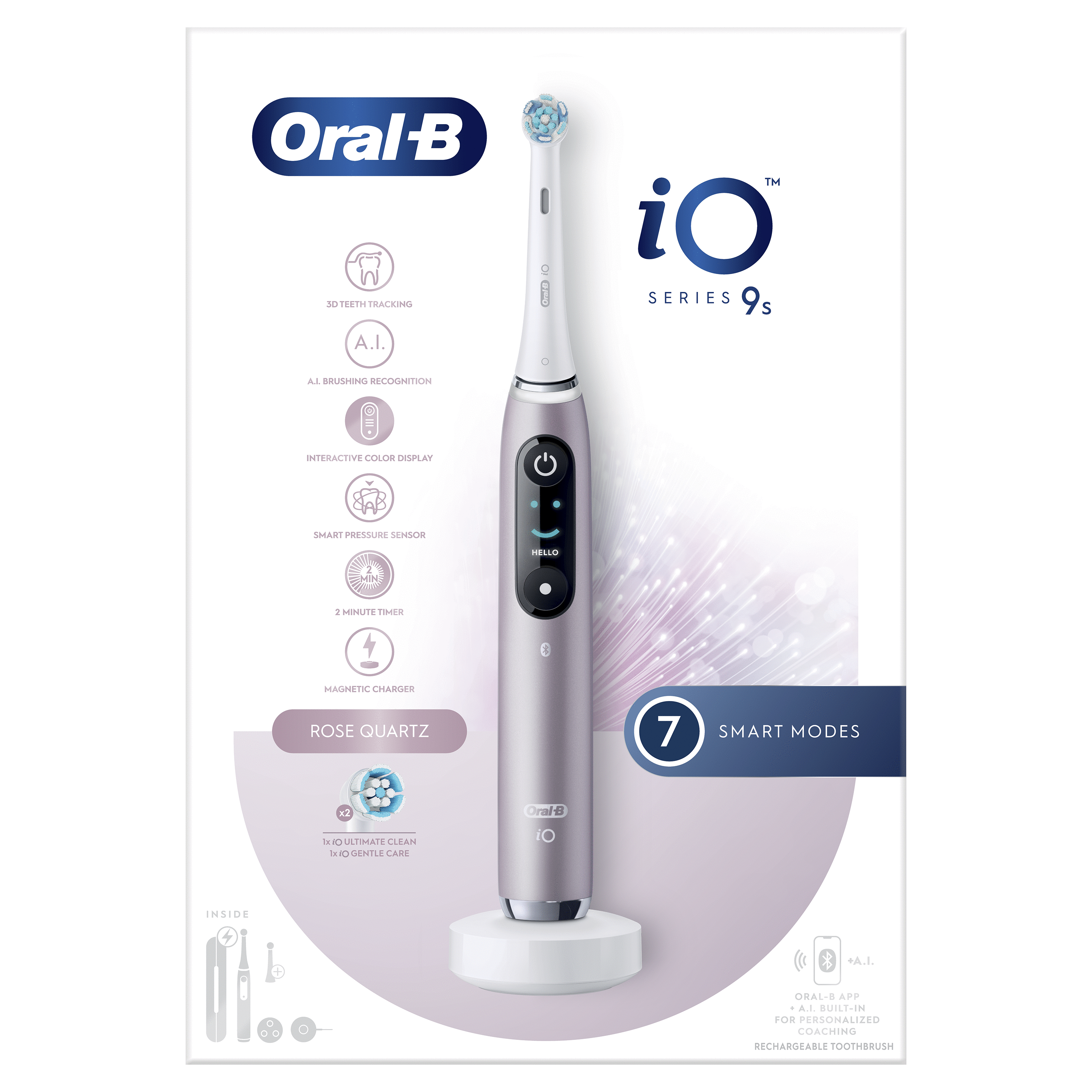 Brosse à dents électrique Oral-B iO. La boîte affiche les caractéristiques et la couleur Rose Quartz. Fond blanc.