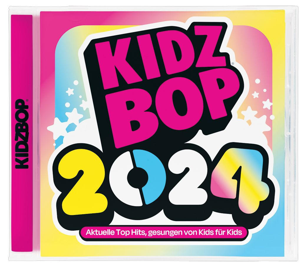 Eine CD-Hülle mit dem Text 'KIDZ BOP 2024' in Pink und Blau, mit buntem Hintergrund.