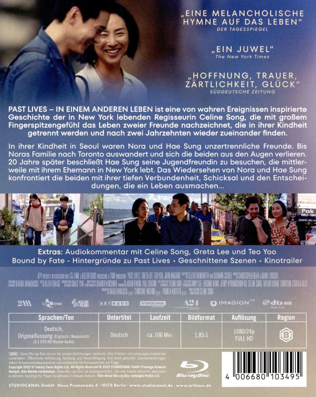 Die Rückseite einer Blu-ray Disc für den Film 'Past Lives', mit Text auf Deutsch und Koreanisch.