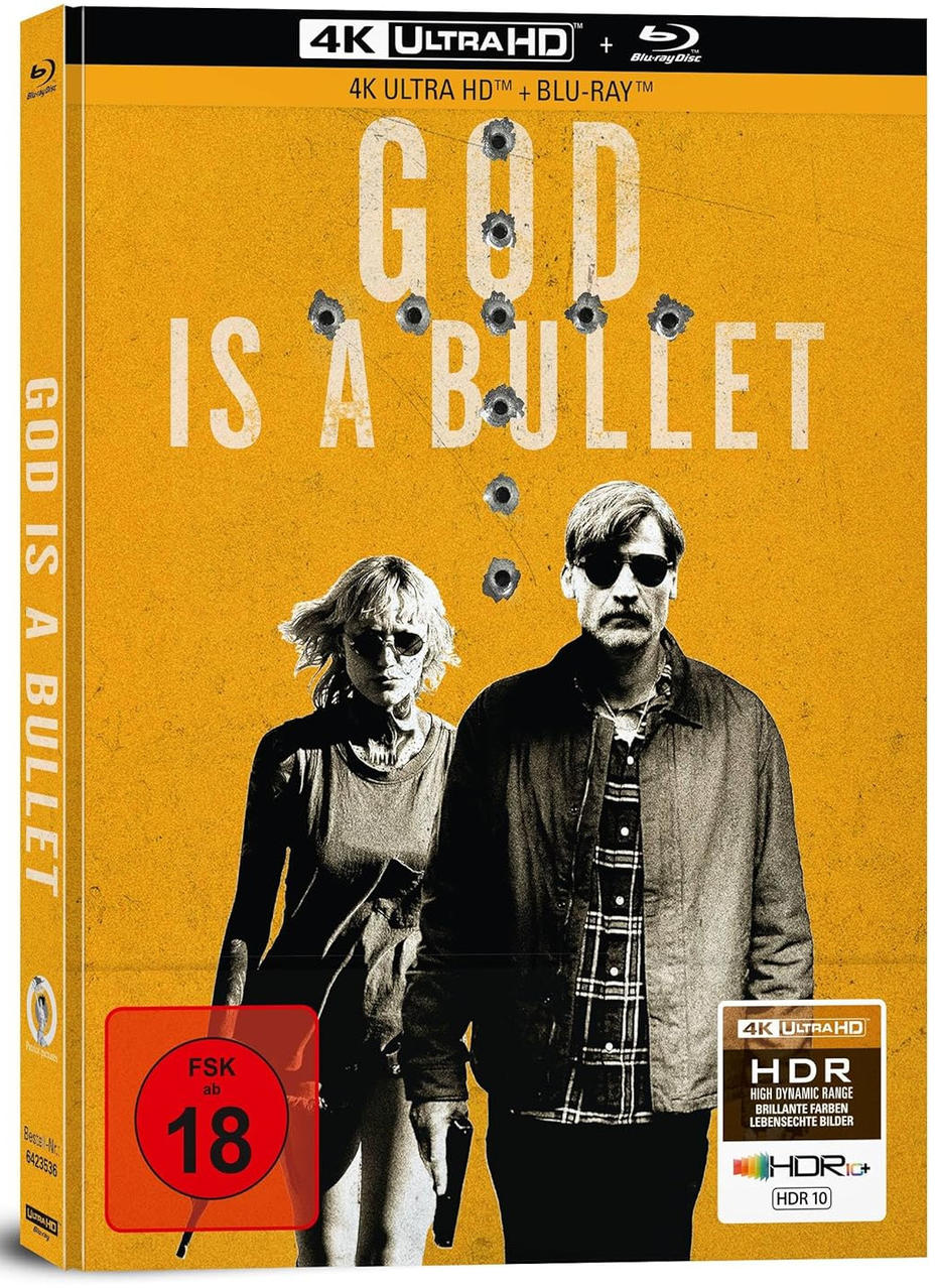 Filmcover. Gelber Hintergrund, zwei Personen, Titel 'God Is A Bullet'.