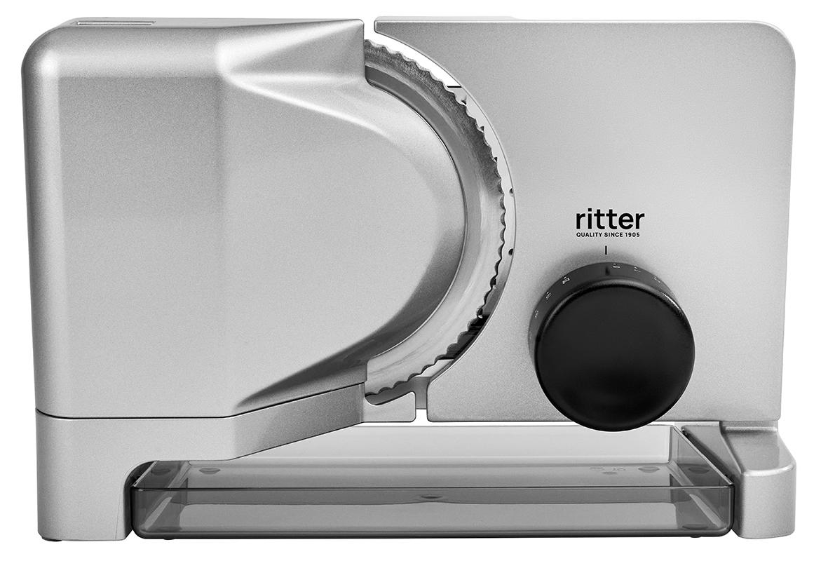 Ein silberner Ritter-Allesschneider mit schwarzem Knopf.