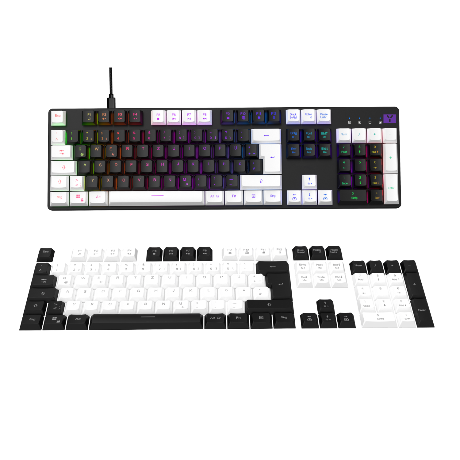 Two keyboards, one assembled, one disassembled. Black and white keys, black background.