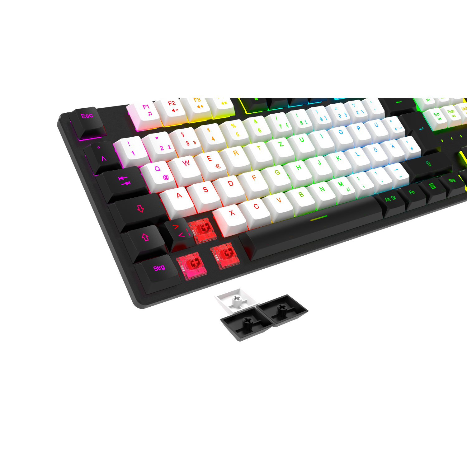 Black keyboard with multiple colored keys. Some keycaps are removed.