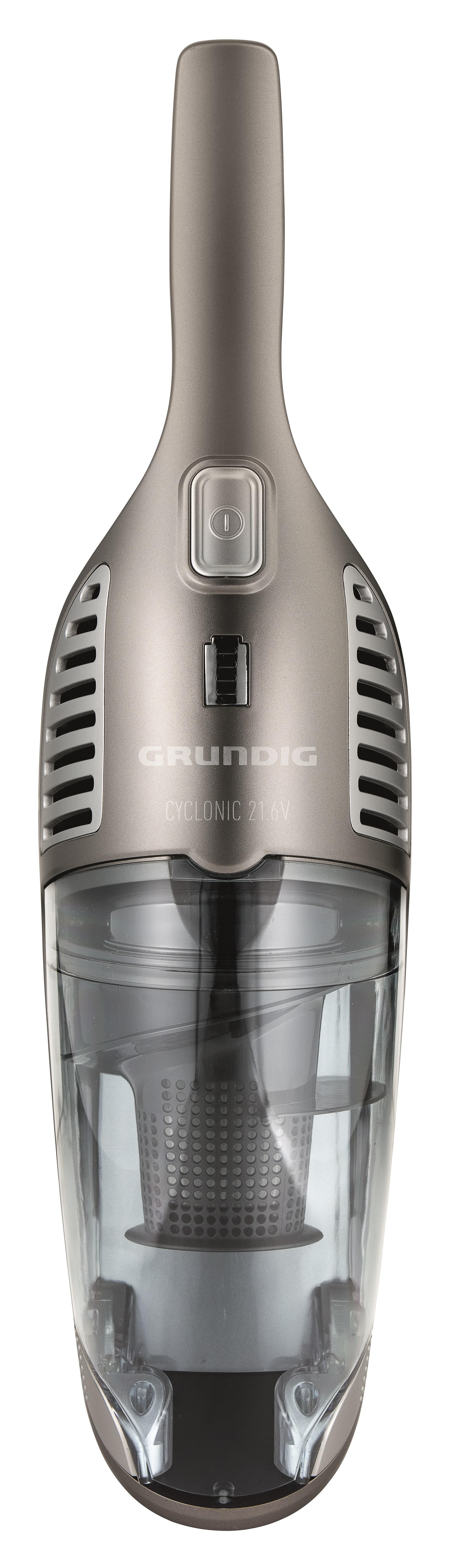 Ein Handstaubsauger, grau mit transparentem Staubbehälter, mit dem Markennamen „Grundig“.