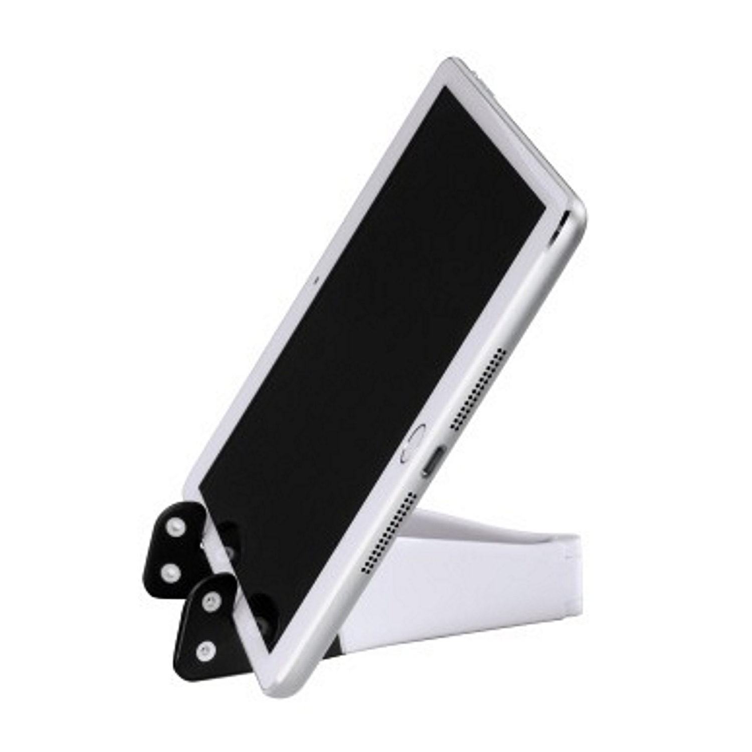 Un tablet appoggiato su un supporto, angolato contro un fondale bianco.
