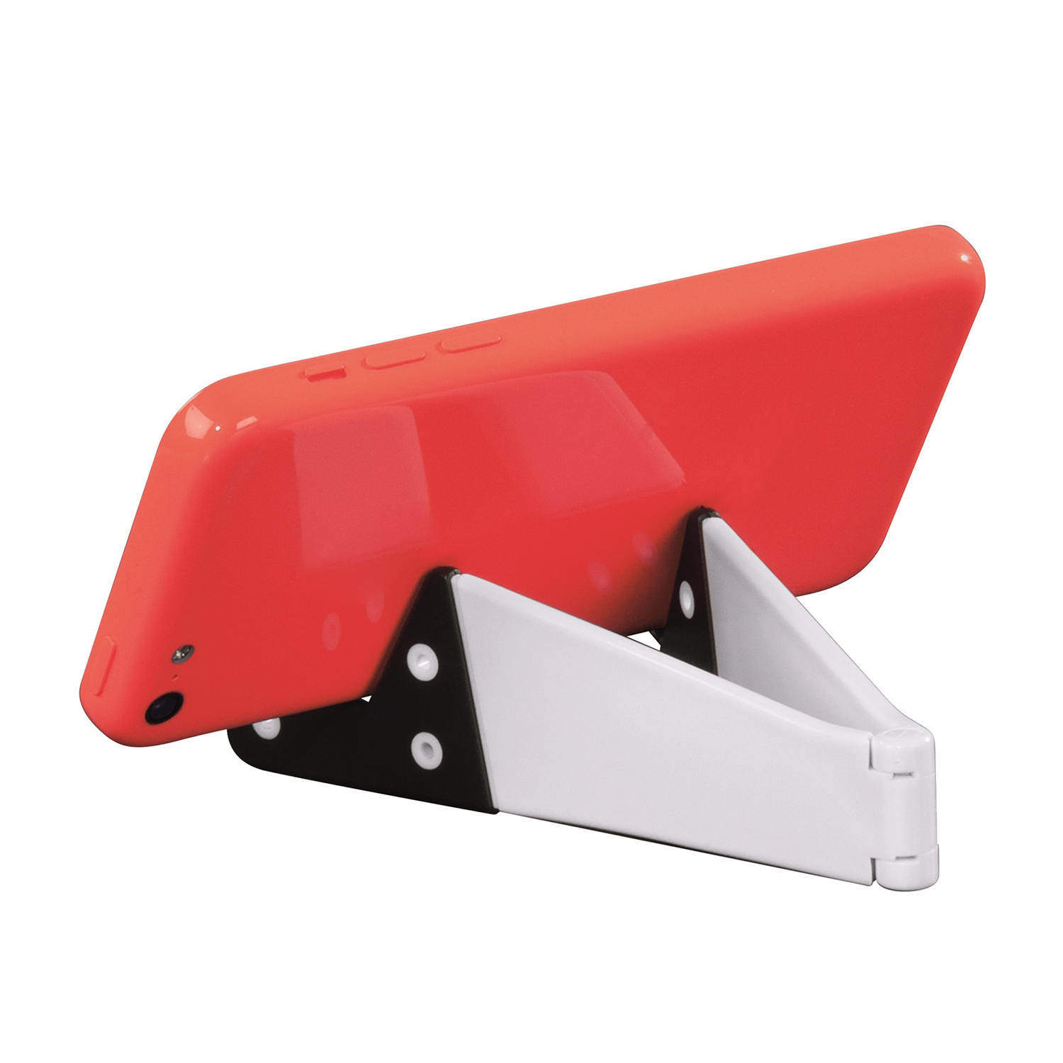 Uno smartphone rosso su un supporto bianco e nero, angolato per mostrare lo schermo.