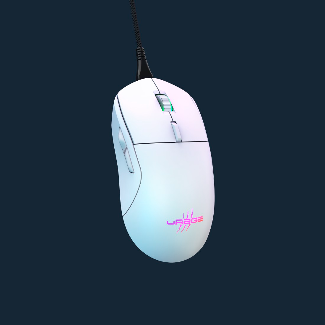 Fehér gamer egér logóval és kábellel, sötétkék háttér előtt.