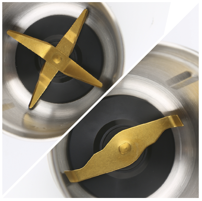 Nahaufnahme von Klingen in einem Mixer, mit goldener Farbe und silberner Schüssel.