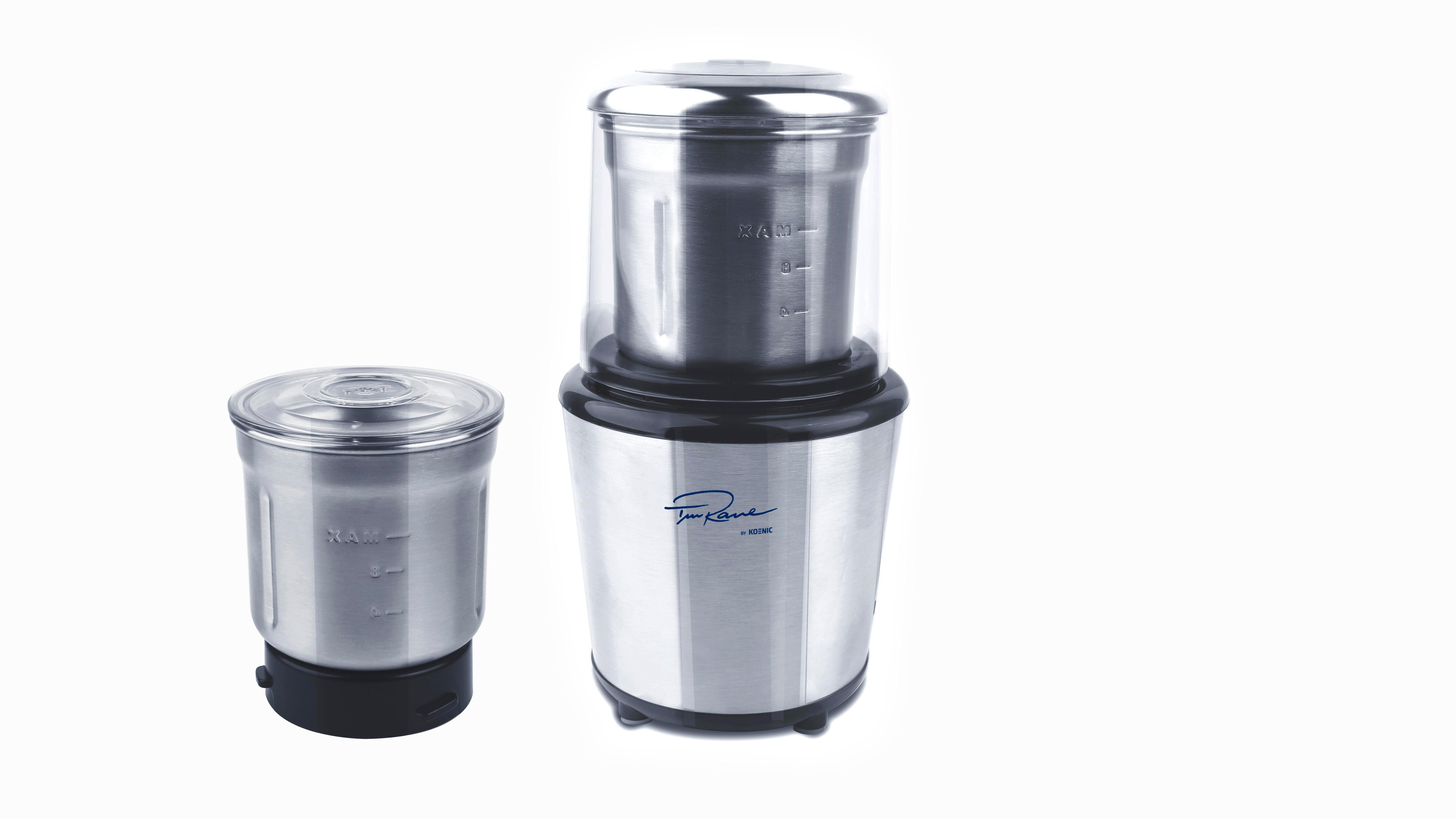 Zwei Edelstahl-Lebensmittelzerkleinerer, einer mit Deckel.