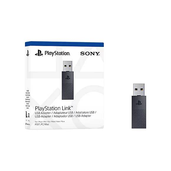Adaptador USB PlayStation Link con embalaje, mostrando el adaptador y su caja.
