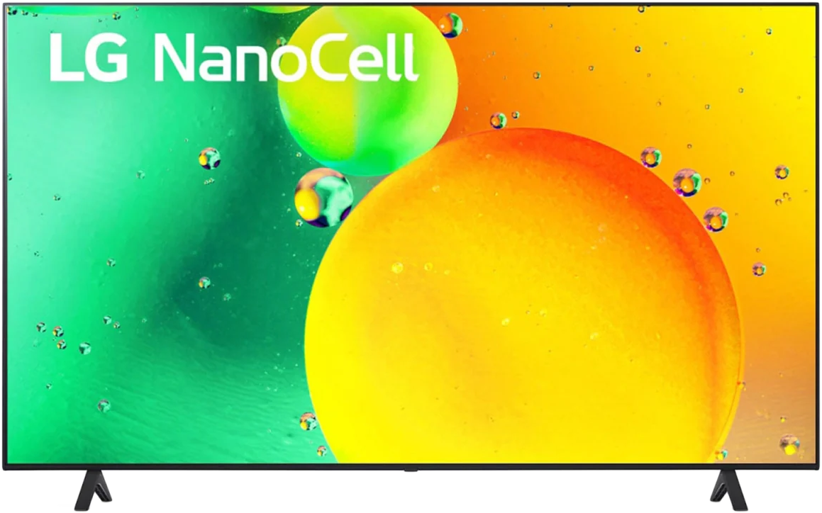 LG NanoCell TV színes, absztrakt háttérrel, zöld, sárga és narancssárga gömbökkel.