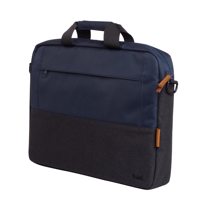 Kék-szürke Trust laptop táska fogantyúval és barna bőr szíjjal.