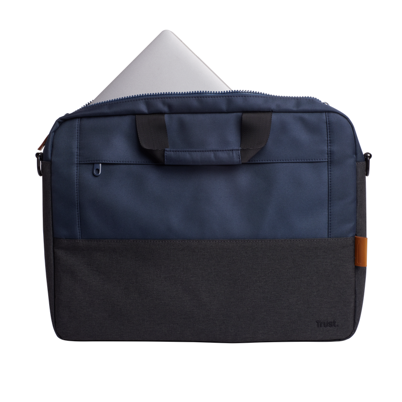 Kék-fekete laptop táska fogantyúval, benne egy laptop.