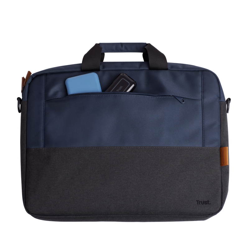 Kék-szürke laptop táska, nyitott zsebbel, benne kék tárggyal és fekete eszközzel.