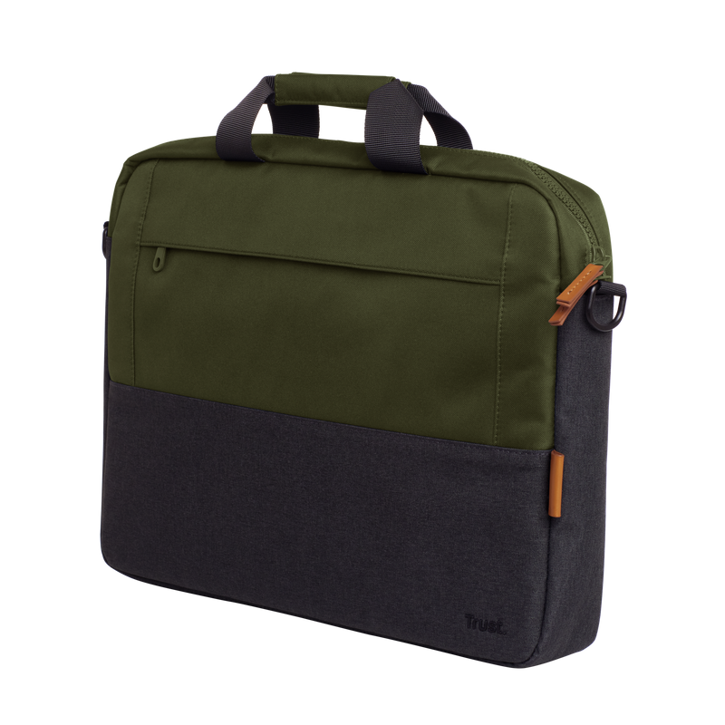 Egy zöld-fekete Trust laptop táska fogantyúval és egy kis barna pánttal.