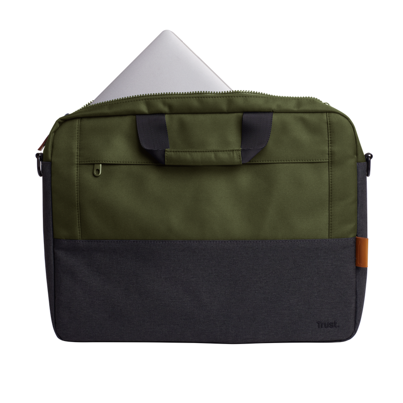 Egy nyitott zöld és szürke laptoptáska egy laptopmal, fogantyúval és cipzárral.