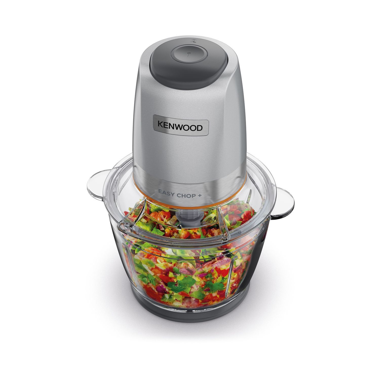 Een zilveren Kenwood Easy Chop+ keukenmachine met gesneden groenten in een transparante kom.