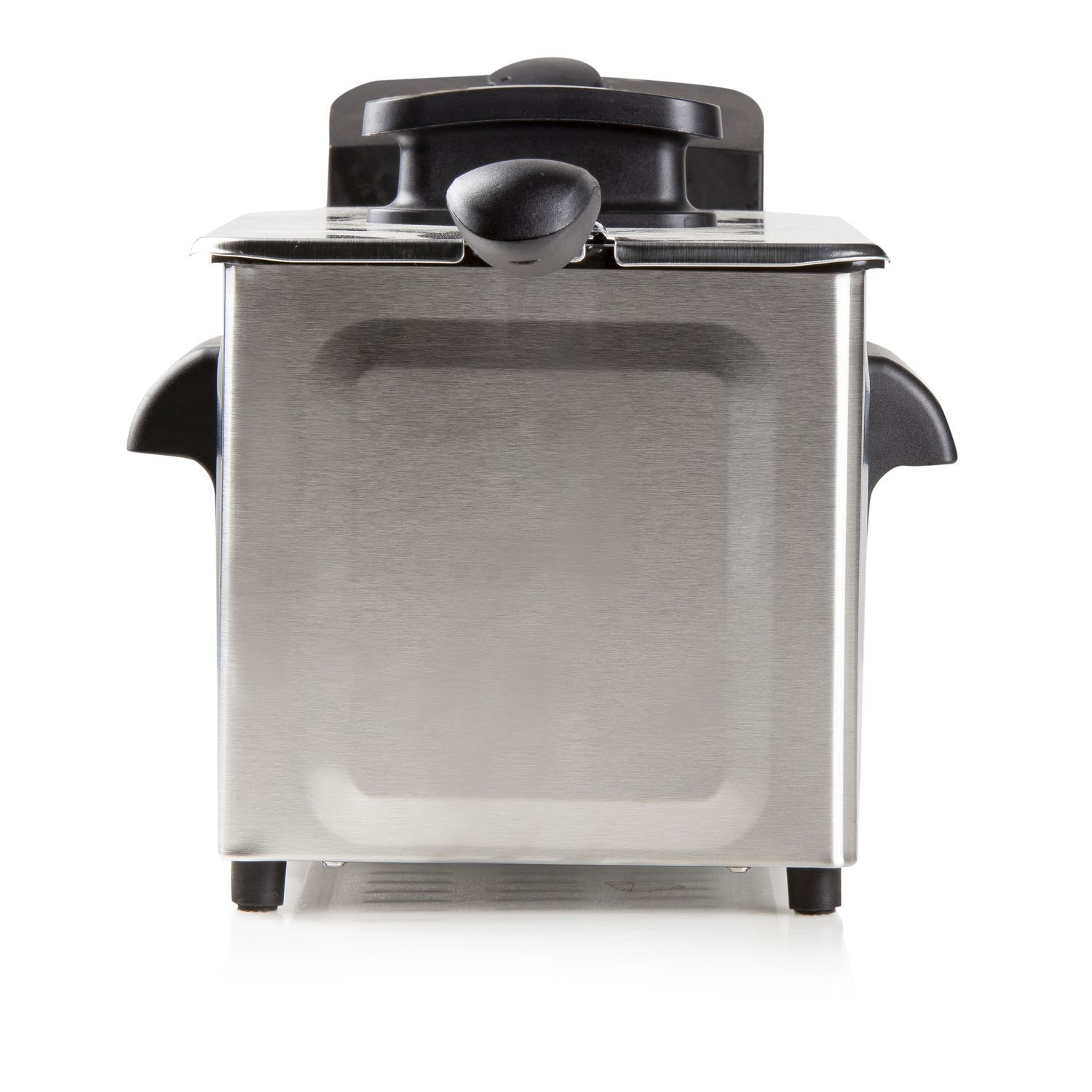 RVS friteuse. Het is vierkant met zwarte handvatten en een deksel bovenop.