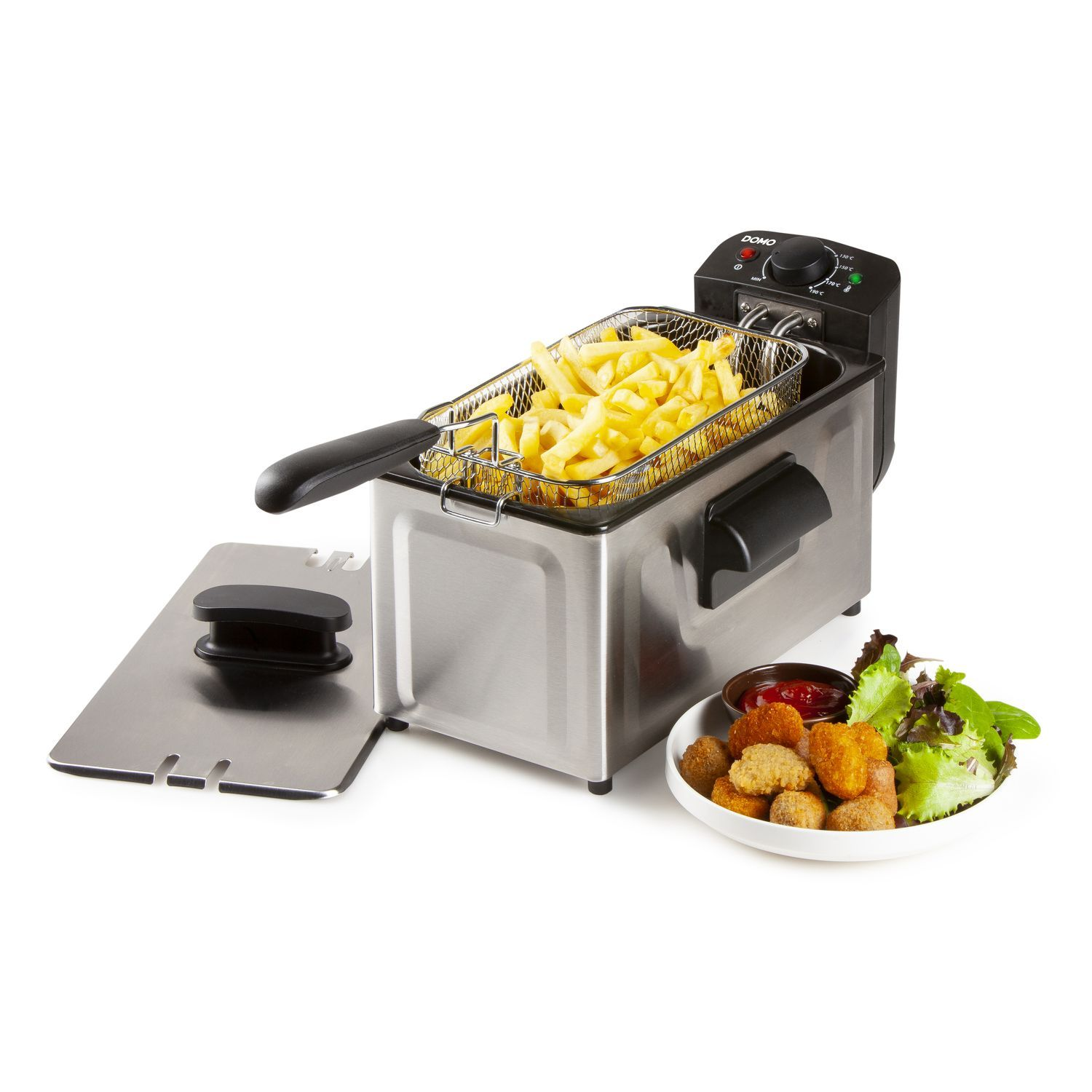 Friteuse met een mandje friet, een bord gefrituurd voedsel en een deksel. Roestvrij staal.