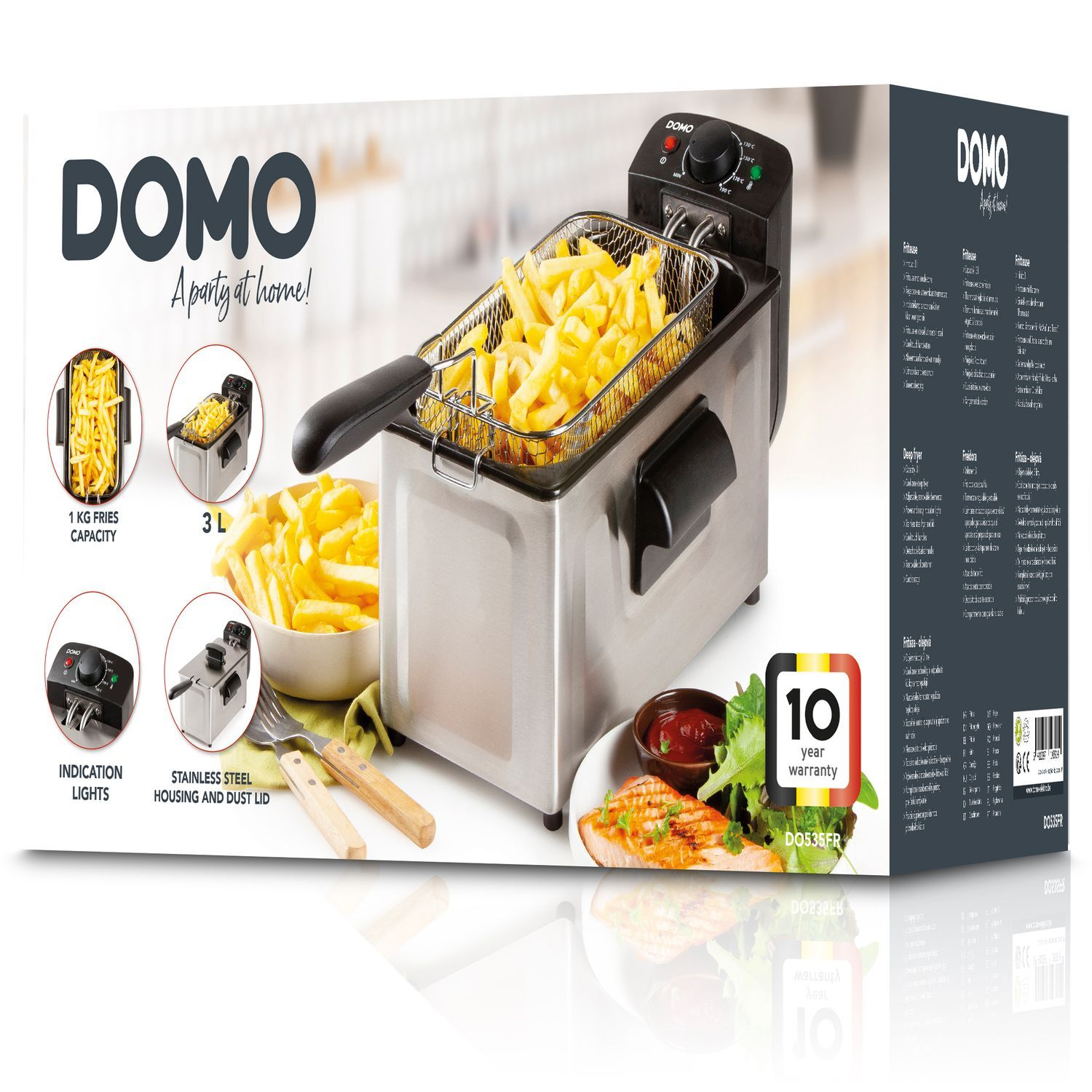 Friteuse met friet en doos, zijaanzicht, met friet, met 10 jaar garantie.