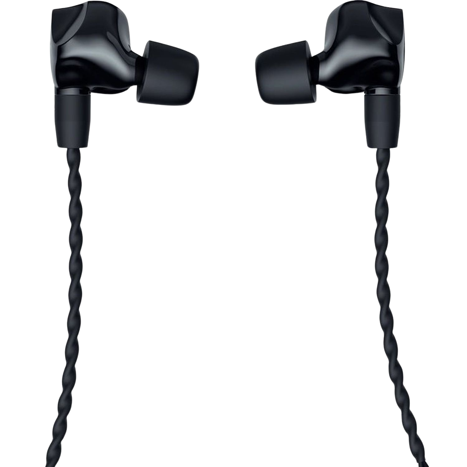 Zwarte oortelefoons met een gedraaide kabel, op zwarte achtergrond.