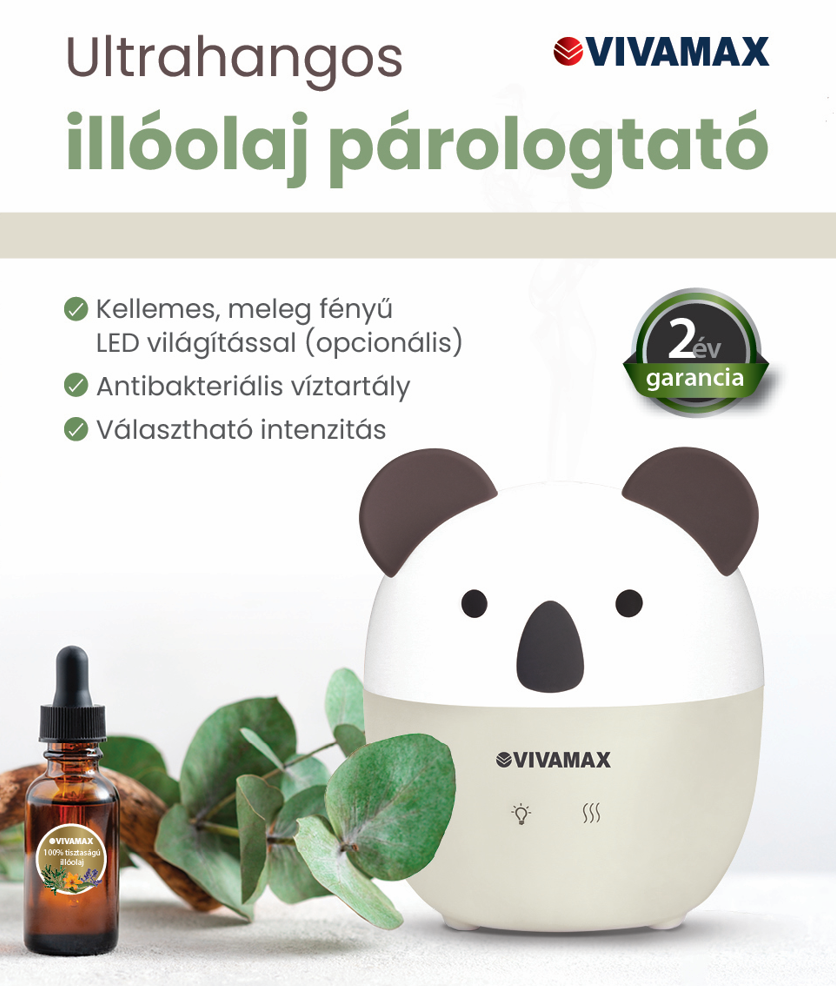 Egy koala formájú illóolaj-párásító illóolajos üveggel és eukaliptusz ágakkal.