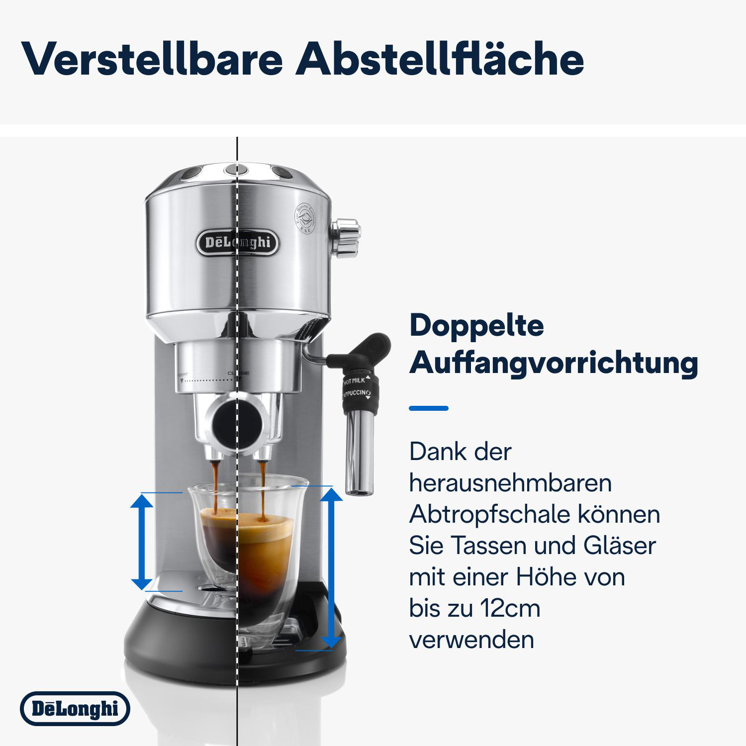 Espressomaschine mit Kaffee, der in ein Glas gegossen wird, Text auf Deutsch.
