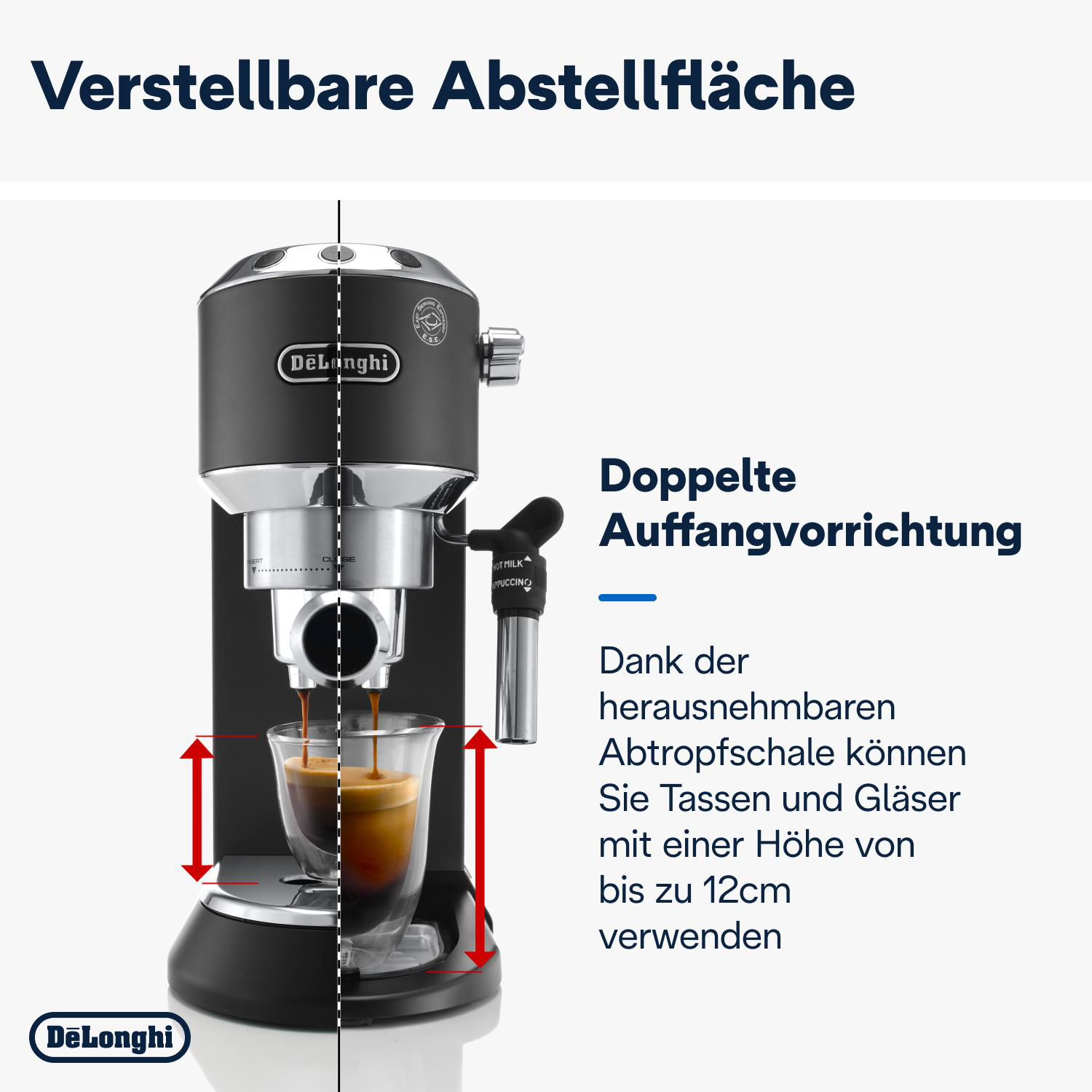 Espressomaschine, die Kaffee zubereitet, mit deutschem Text. Ein Glas fängt den Kaffee auf.