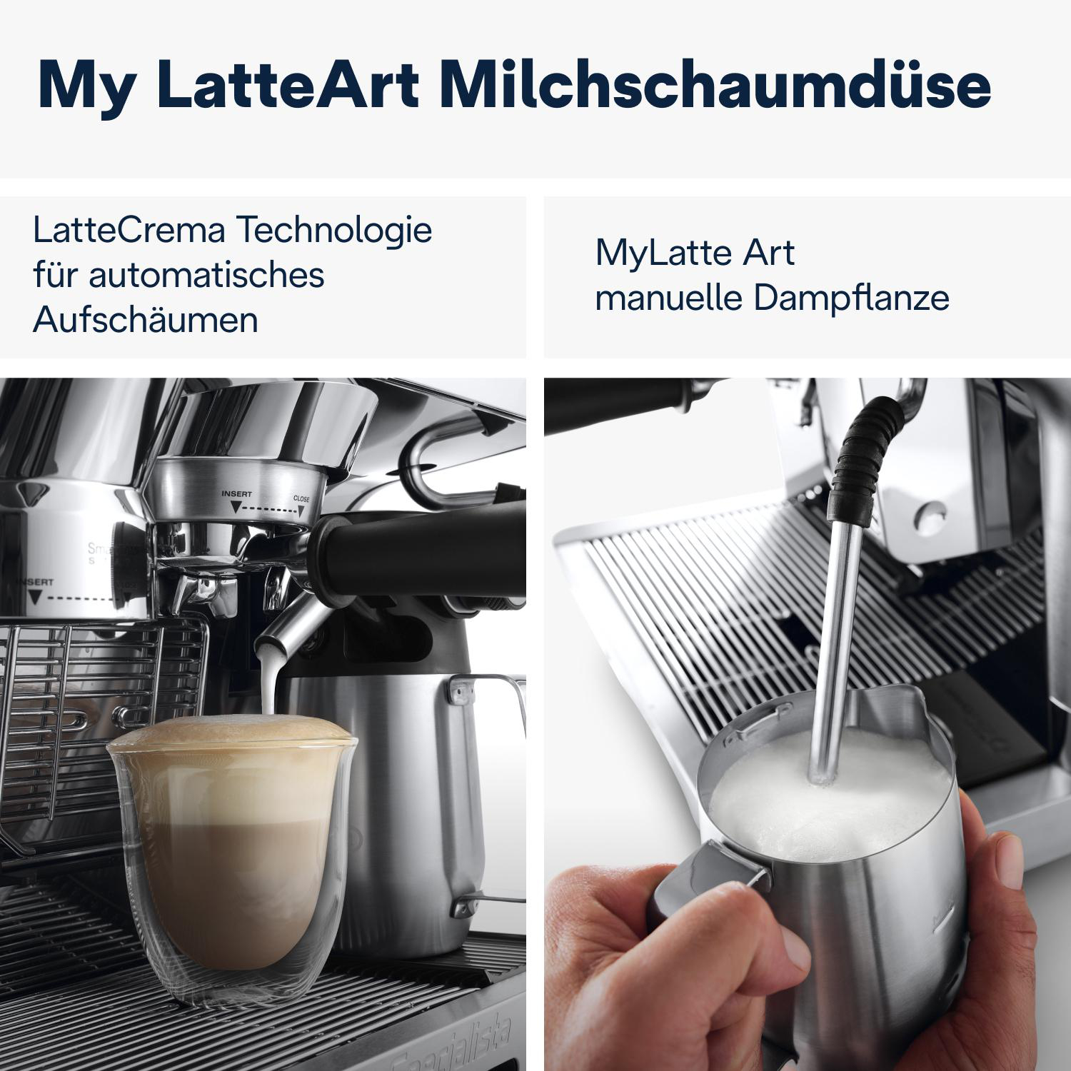 Zwei Bilder. Eines zeigt eine Kaffeemaschine, das andere Milchschaum. Text ist auf Deutsch.