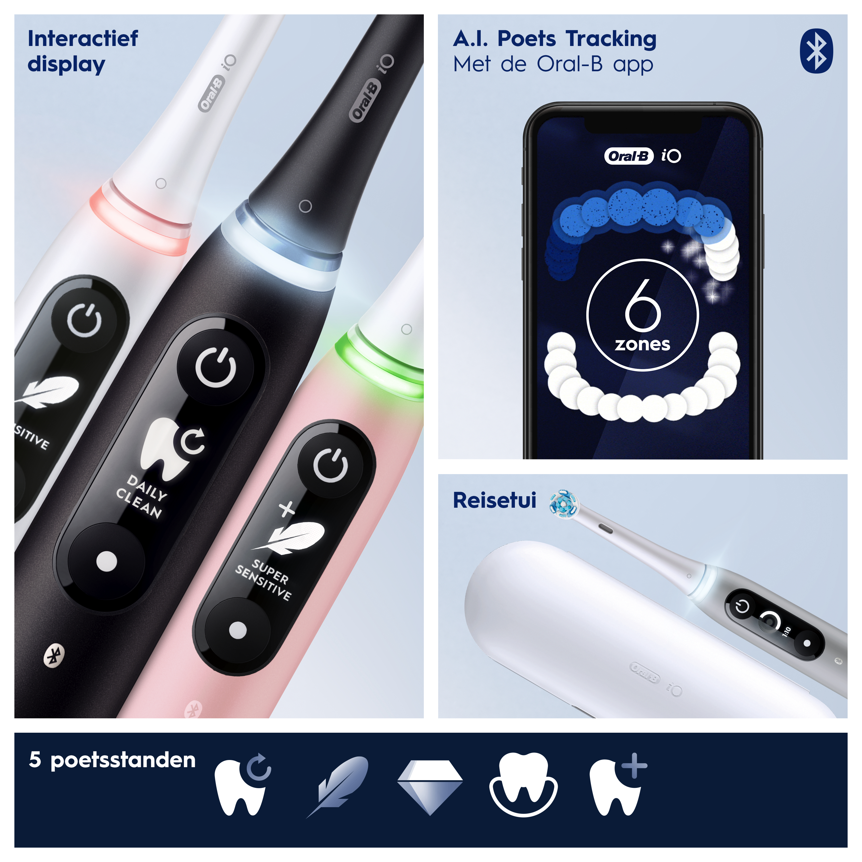 Image of electric toothbrushes, with an app on a phone showing teeth cleaning zones.