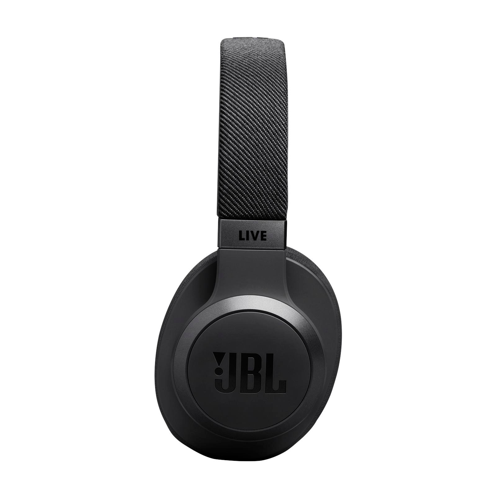 Schwarze JBL Live-Kopfhörer, Draufsicht. Der Markenname ist auf der Ohrmuschel sichtbar.