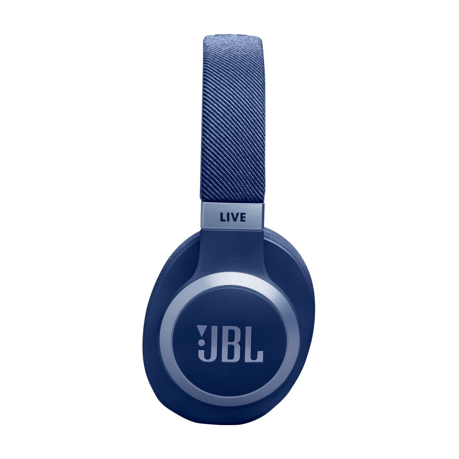 Blaue JBL Live Over-Ear-Kopfhörer auf weißem Hintergrund, mit JBL-Branding.