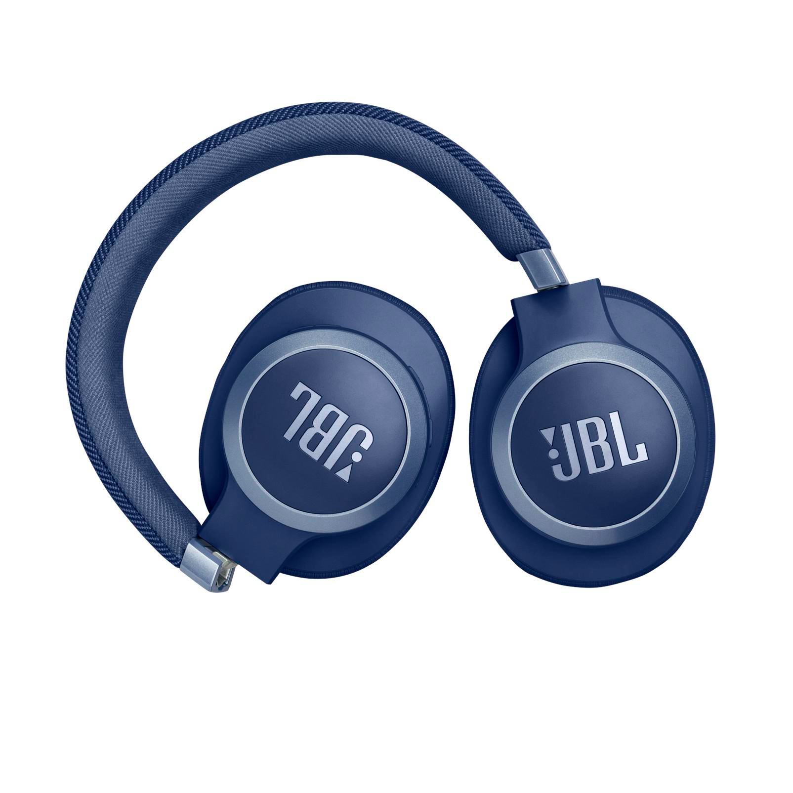 Blaue JBL-Kopfhörer auf weißem Hintergrund. Die Kopfhörer sind offen und tragen das JBL-Logo.
