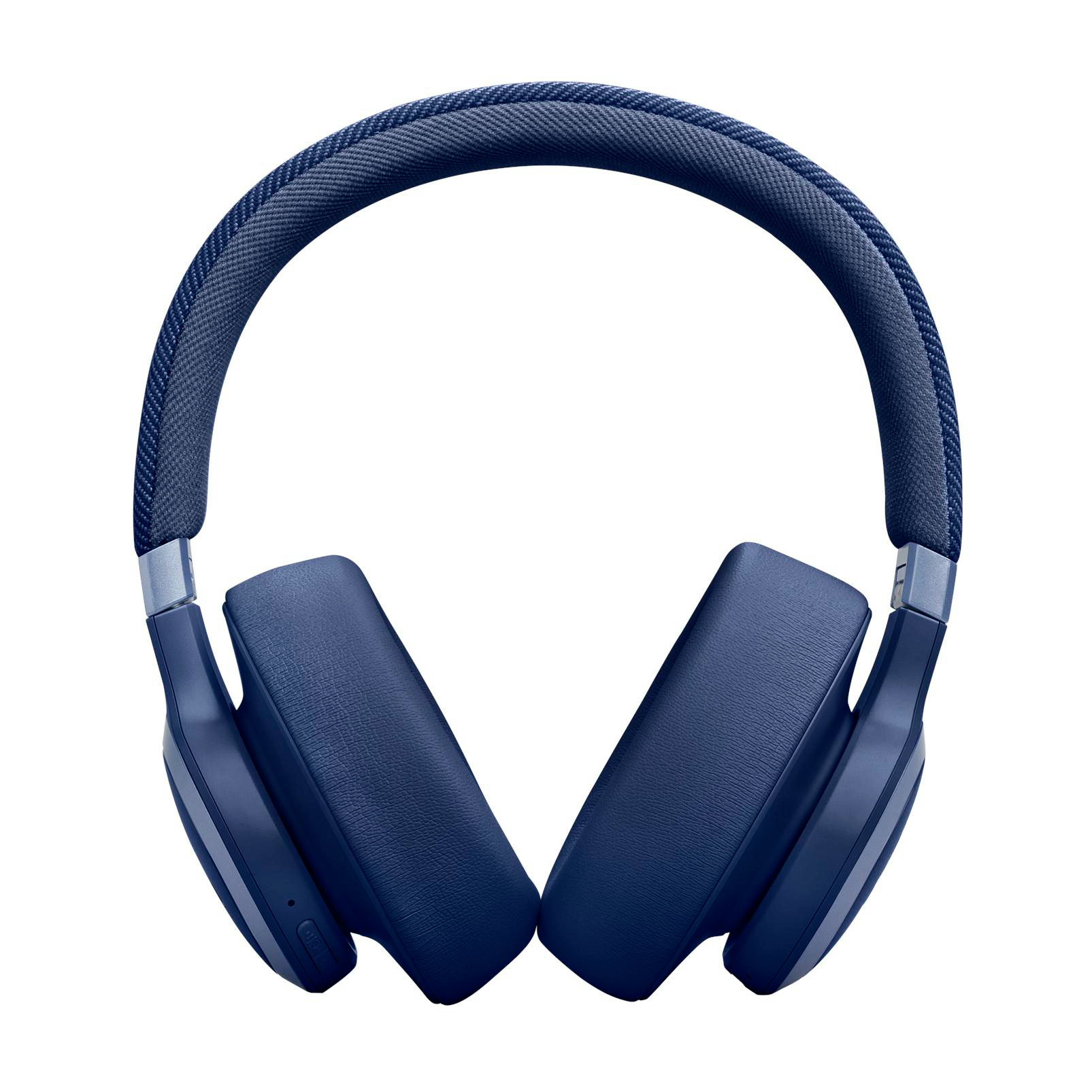 Blaue Kopfhörer, Draufsicht, freigestellt auf Weiß. Die Kopfhörer sind Over-Ear.