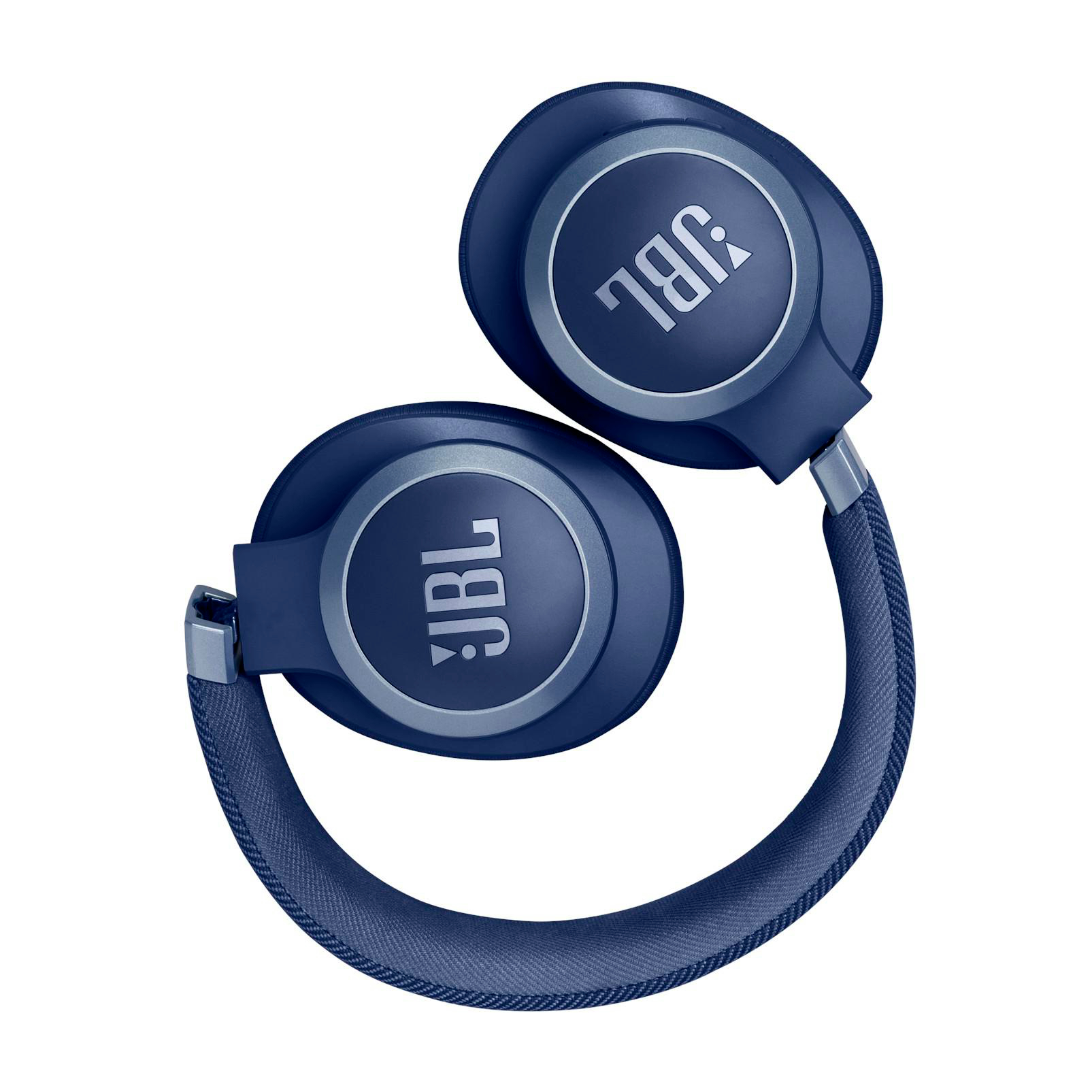 Gefaltete blaue JBL Kopfhörer, Draufsicht. Das JBL Logo ist beidseitig sichtbar.