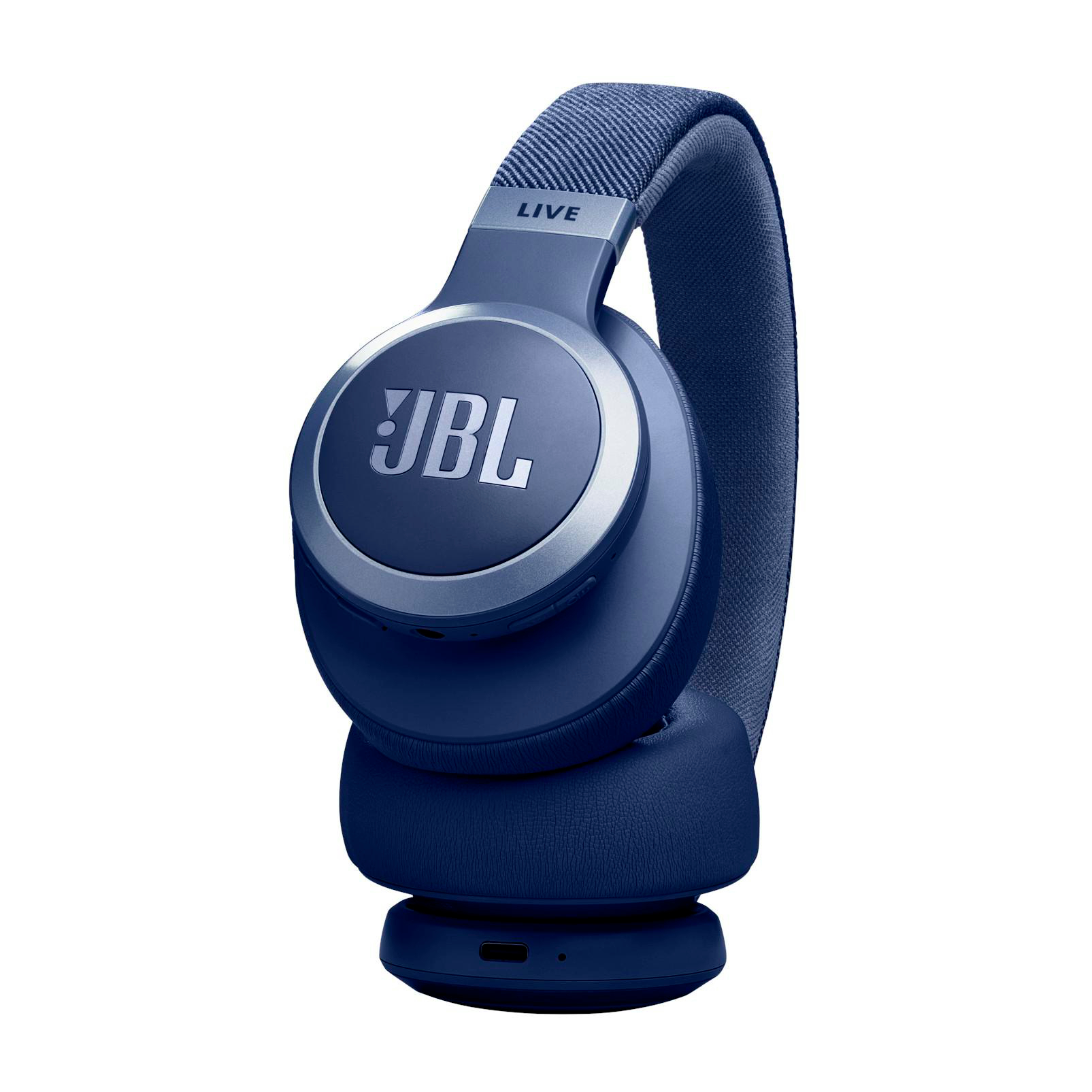 Blaue Over-Ear-Kopfhörer mit silbernen Details. Das Wort 'JBL' ist sichtbar.