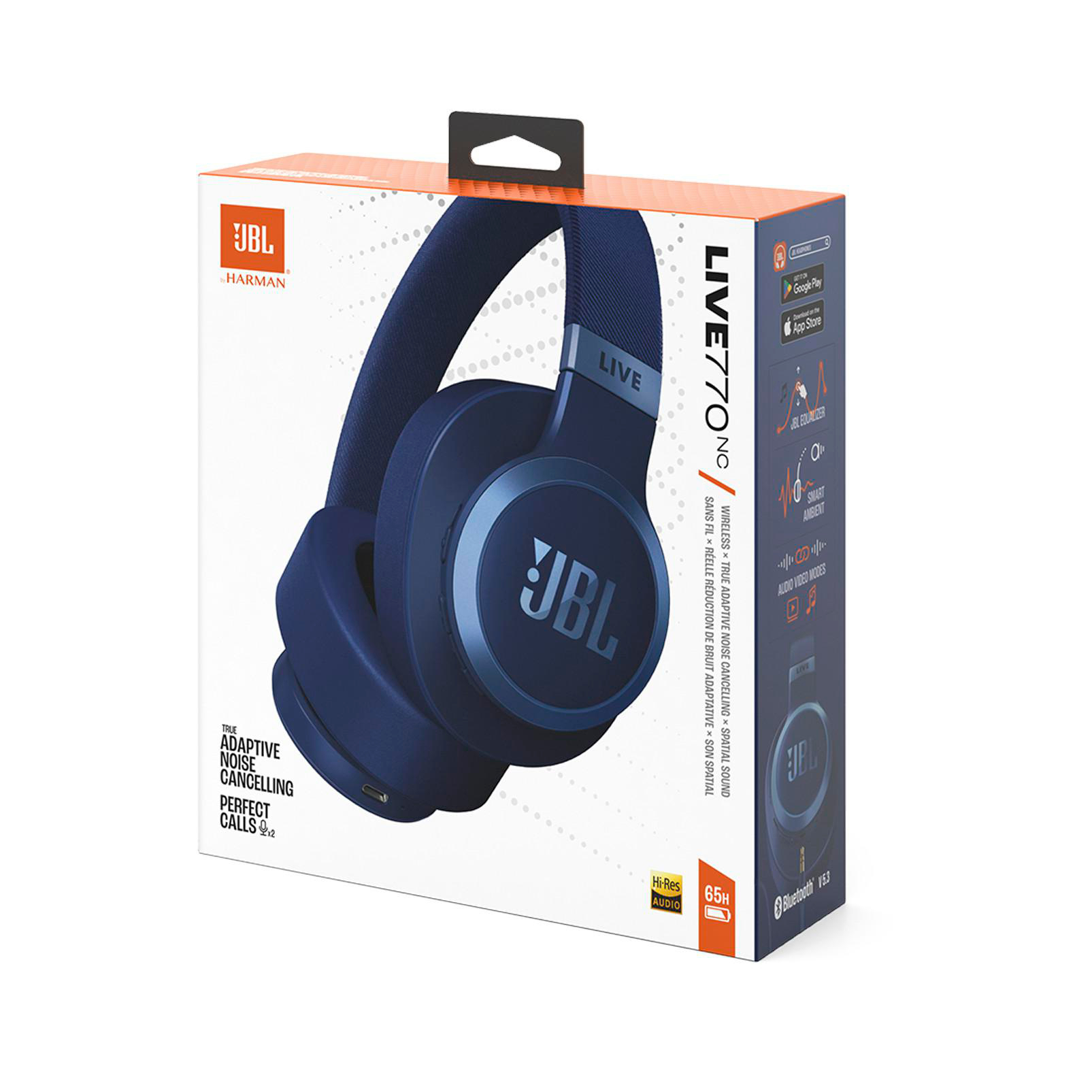 Ein verpacktes Paar blauer JBL-Kopfhörer, die Box zeigt Funktionen.