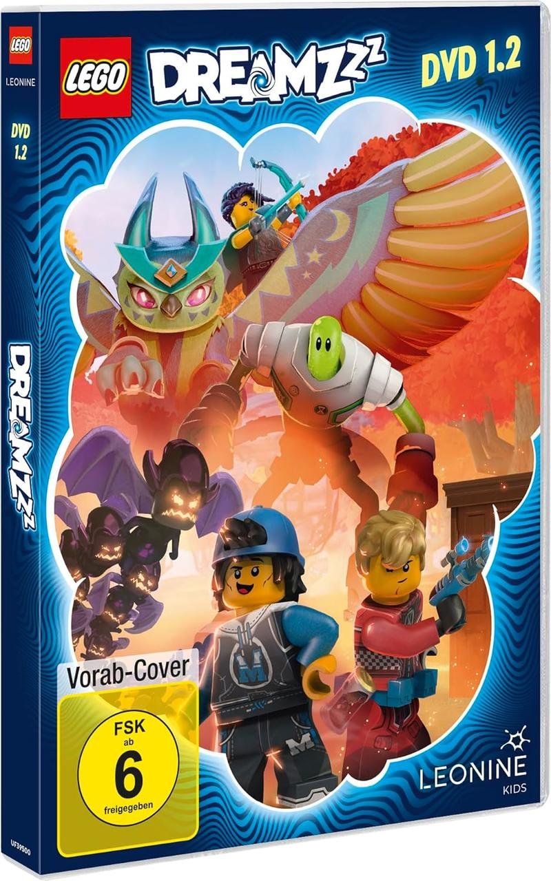LEGO Dreamzzz DVD-Cover. Cartoon-Figuren auf blauem und rotem Hintergrund.