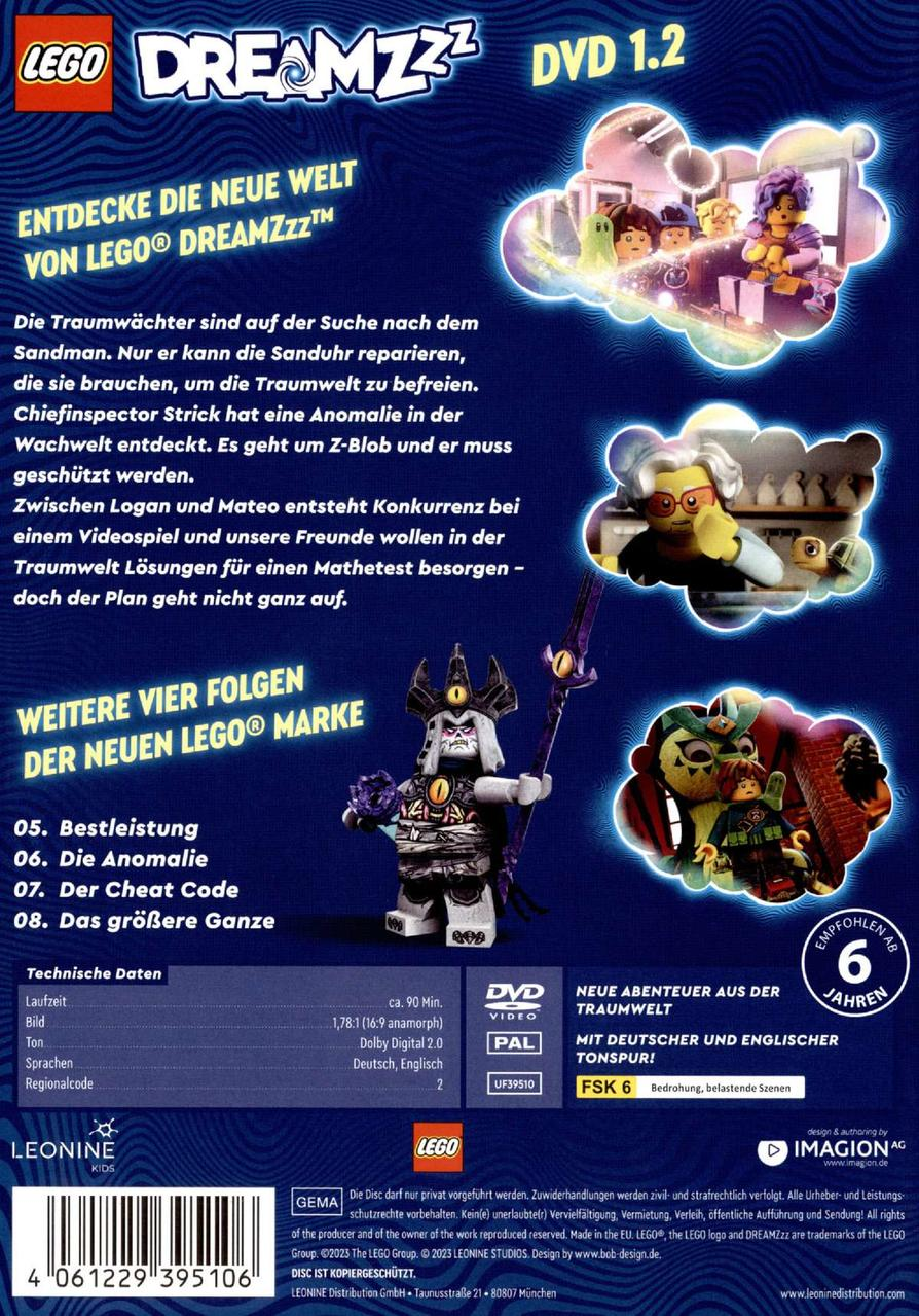 Rückseite der Lego Dreamzzz DVD-Hülle mit Zeichentrickfiguren und Text.