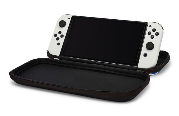 Weiße Nintendo Switch Konsole in einem schwarzen Case.