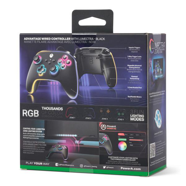 Eine Box mit Controller-Bild, RGB-Farben und Funktionen. Text in Englisch und Französisch.
