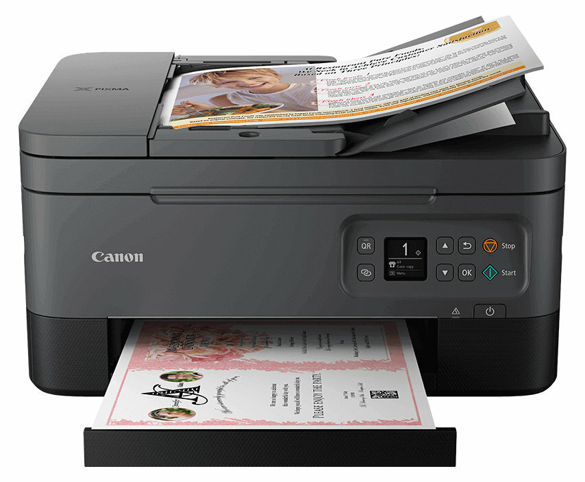 Drukarka Canon drukuje różowy dokument. Drukarka jest czarno-biała z podajnikiem papieru.