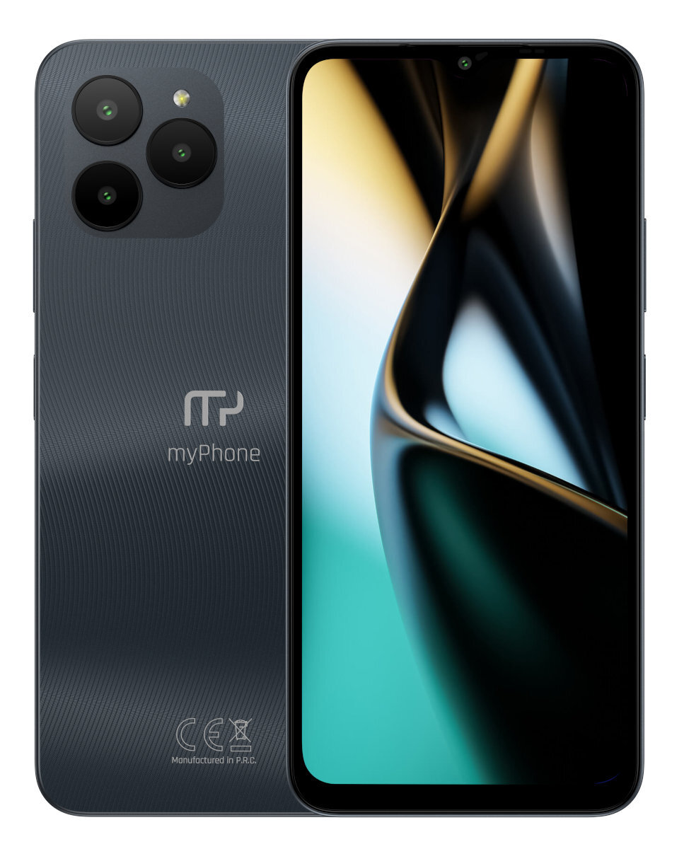 Ciemnoszary myPhone. Potrójny aparat z tyłu. Telefon na białym tle.