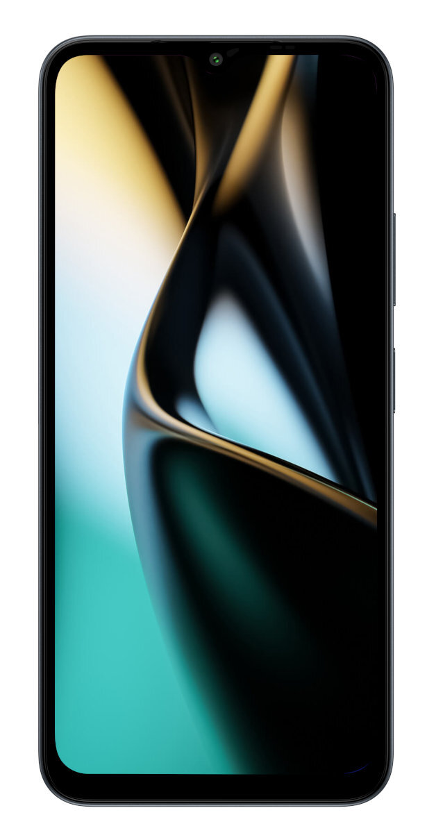 Czarny smartfon z zakrzywionym, kolorowym abstrakcyjnym tłem. Widok z przodu.