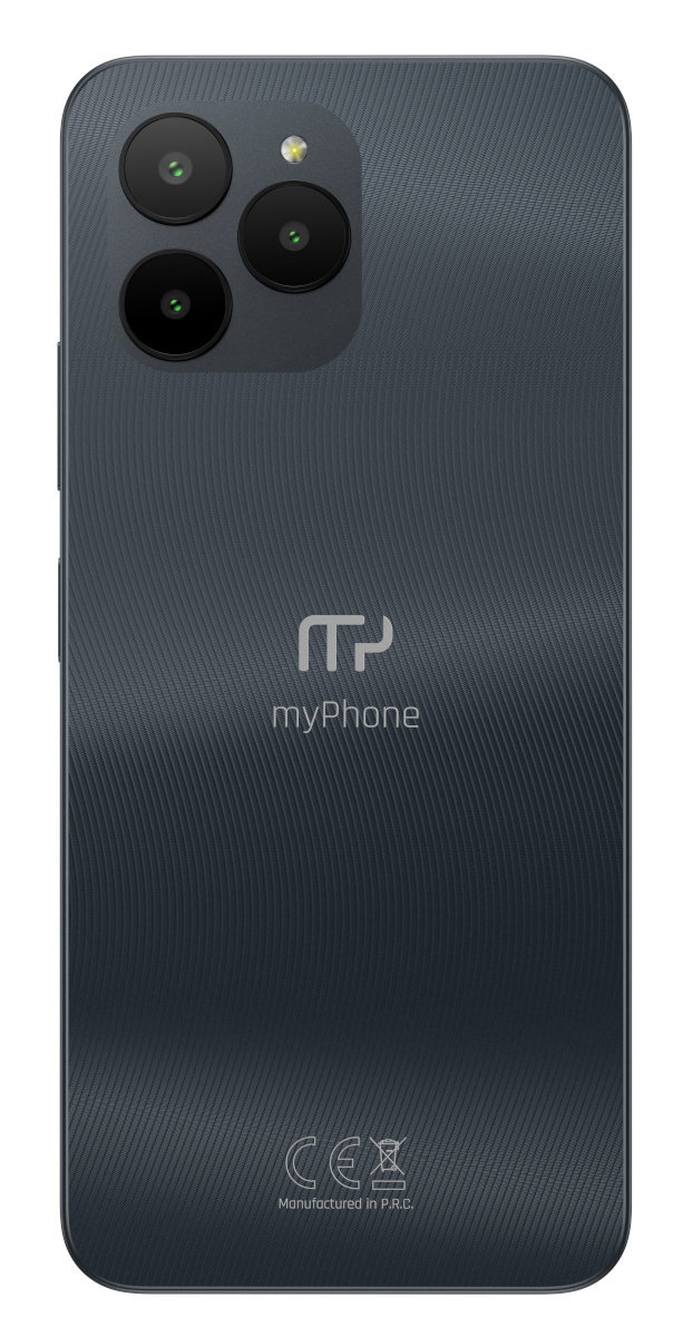 Ciemnoszary myPhone, widok z tyłu. Ma trzy obiektywy aparatu i logo myPhone.
